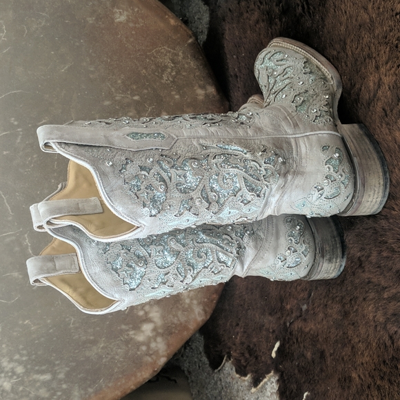 CORRAL A3435 Green Glitter Inlay & Crystals Square Toe Wedding cowgirl boots 7.5 - Picture 5 of 16